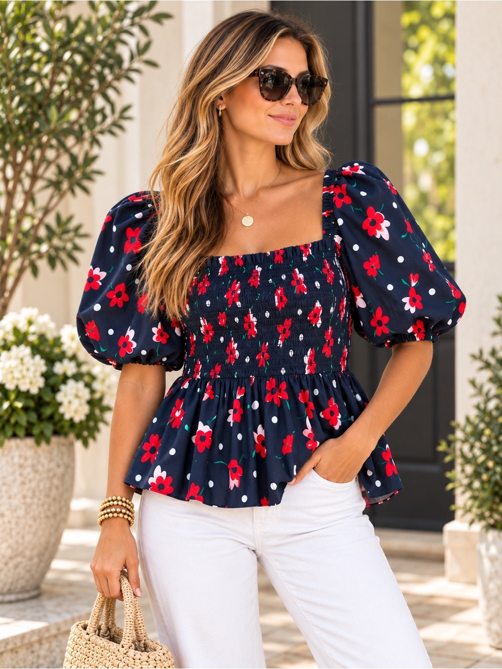 Kate Spade New York Floral Smocked Puff Sleeve Peplum Top XL Navy Red